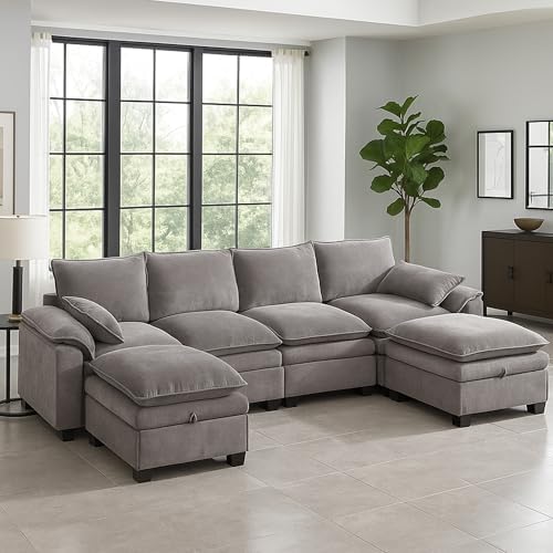 130" Modular Sectional Sofa with Storage, Premium Chenille Cloud Couch w...