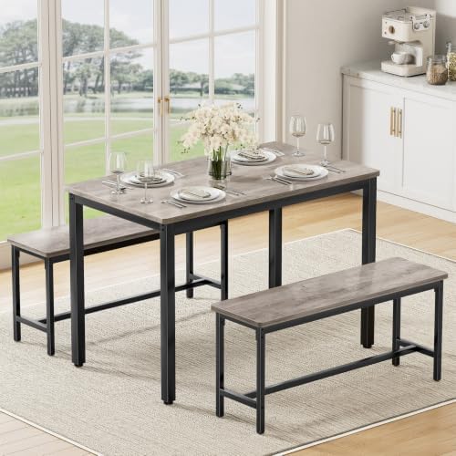 Dining Table Set for 4, 3-Piece Kitchen Table with 2 Benches, Grey