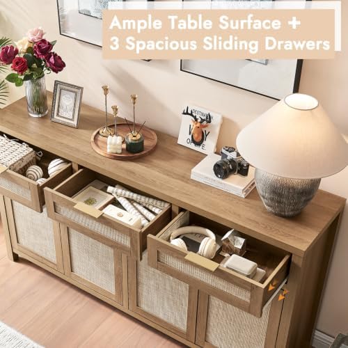 HOKYHOKY 63" Rattan Sideboard Buffet Cabinet, Boho Storage Cabinet
