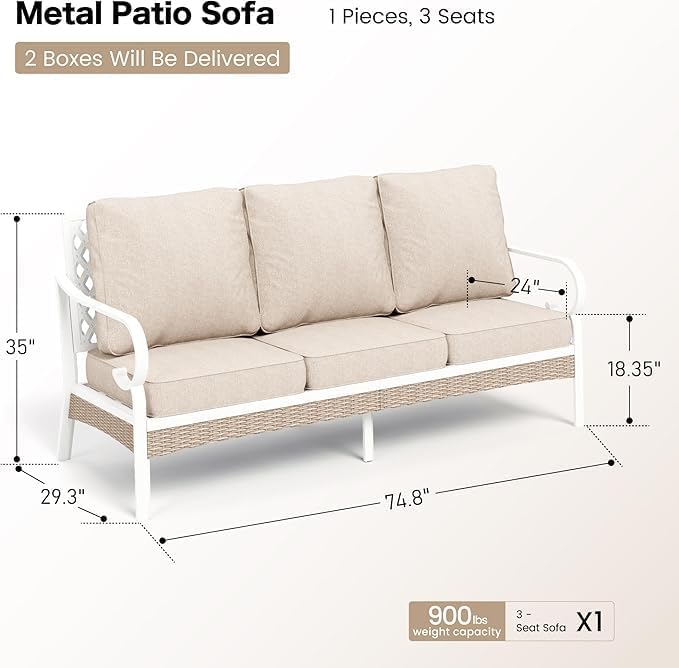 SUNSHINE VALLEY Metal Patio Furniture Sofa with 5.75" Extra Thick Cushio...