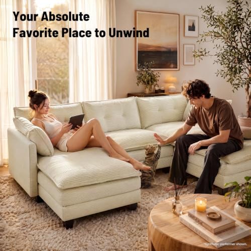 Amsleekey 111.5" U Shaped Modular Sectional Sofa, Beige Corduroy | Cloud...