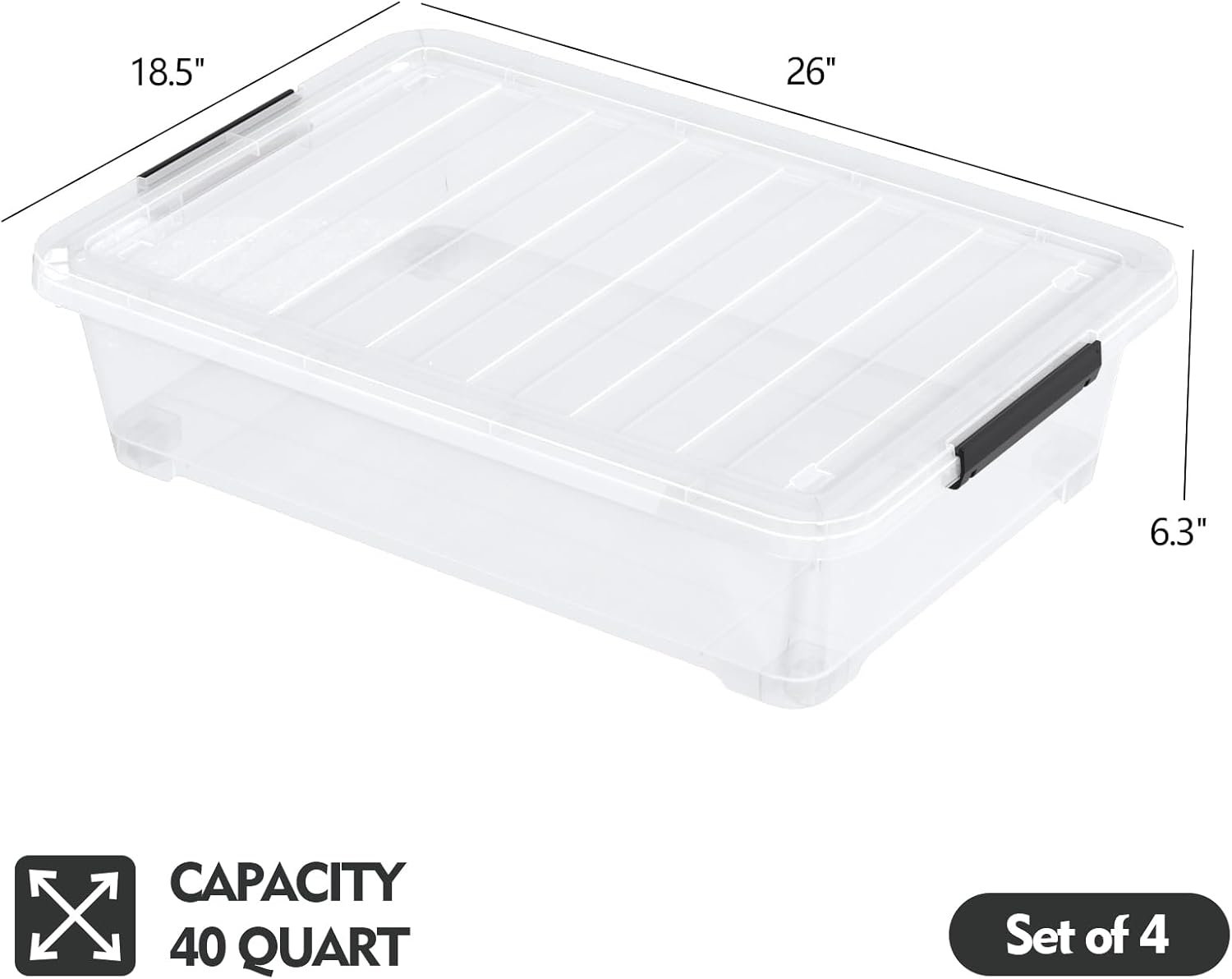 Pack of 4 Stackable Plastic Containers with Durable Latching Lids, Under Bed Storage Containers, 40 Quart