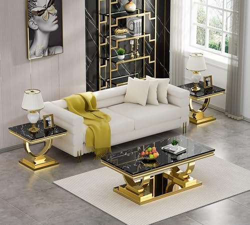 3 Piece Marble Living Room Table Set Modern Black Faux Marble Coffee Table an...