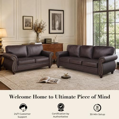 Couchus 88" W Living Room Furniture Sets, 3-Seater&Loveseat, Brown |...