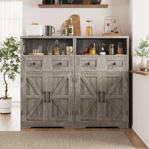 Farmhouse Storage Cabinet with Drawers, Small Kitchen Pantry Cabinet, Gray