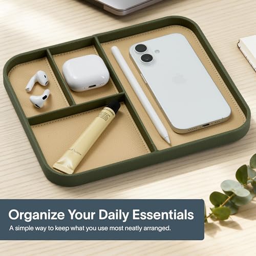 Nordik Leather Valet Tray - Medium EDC Tray - Moss Green (9.5 x 7.9 in) | Premium Vegan Leather with Two-Toned Design, Includes Four Compartments, Giftable, Catchall Tray for Keys Watch and Jewellery