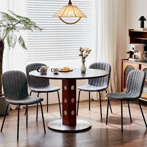 Dining Chair Set of 4, PU Leather Kitchen Chairs, Dark Grey | Black Metal Leg...