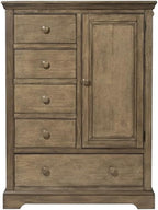 Pemberly Row Traditional Solid Hardwood Chifferobe, 42" W x 18.75" D x 56.75" H, Cashew Finish, 5 Drawers, Wardrobe-Style Storage, Clean Lines for Bedroom or Closet Organization
