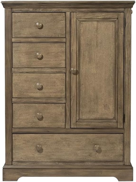 Pemberly Row Traditional Solid Hardwood Chifferobe, 42" W x 18.75" D x 56.75" H, Cashew Finish, 5 Drawers, Wardrobe-Style Storage, Clean Lines for Bedroom or Closet Organization