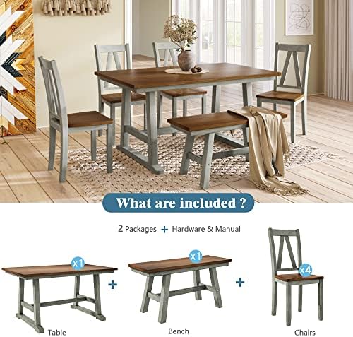 6-Piece Dining Table Set, 4 Chairs + Long Bench, Farmhouse, Gray