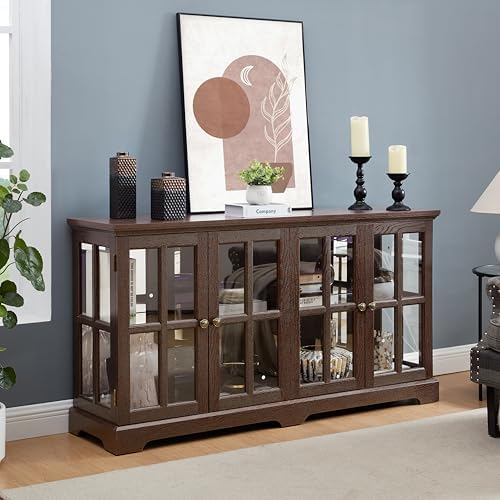 KEIKI Curio Cabinet, Lighted Glass Display Cabinet w/ 4 Glass Doors & Adj...