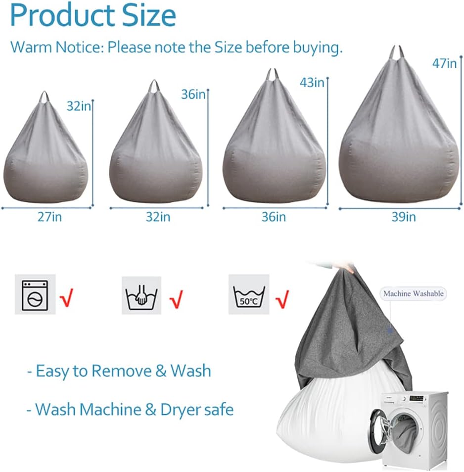 Stuffed Animal Storage Bean Bag Cover (No Filler) Extra Soft Beanbag Seat Chair Covers-Cotton Linen Memory Foam Beanbag Replacement Cover for Adults Children without Filling