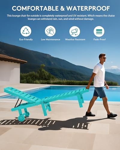 SERWALL HDPE Outdoor Chaise Lounge Set of 2 with Cup Holder & Wheels, Aru...