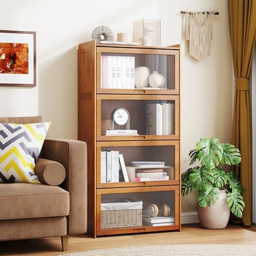 GIANTEX 4-Tier Bookcase with Clear Doors, 55" Bamboo Bookshelf with Flip...