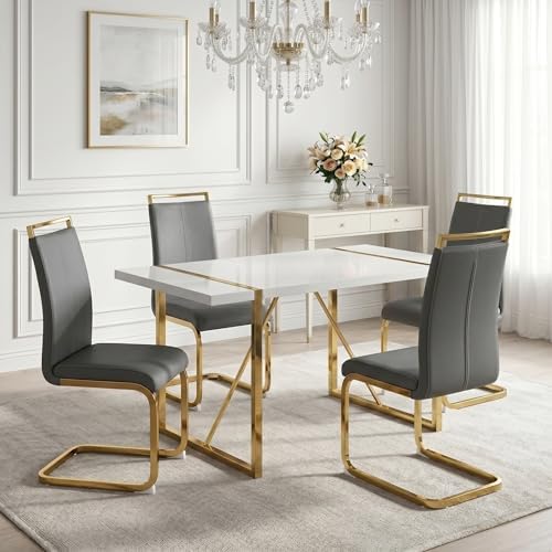 gopop Dining Table Set for 4, Kitchen Table Chairs Set of 4, 55-Inch White