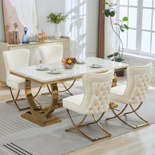 LOULENS Velvet Dining Chairs Set of 2, Tufted Wingback Gold X-Legs, Beige