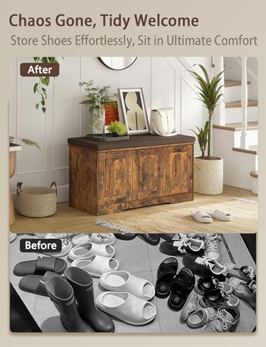 DINZI LVJ Shoe Storage Bench with Cushion, Entryway Bench with Seat & Doors | 3-Tier Shoe Cabinet Bench Fits 9 Pairs, Adjustable Shelves for Boots, Easy Assembly, Farmhouse, Bedroom, 39.4", Rustic Brown