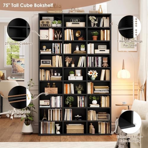 FOTOSOK 75'' H Black Bookshelf with 27 Cubes, Triple Wide Tall Bookcase