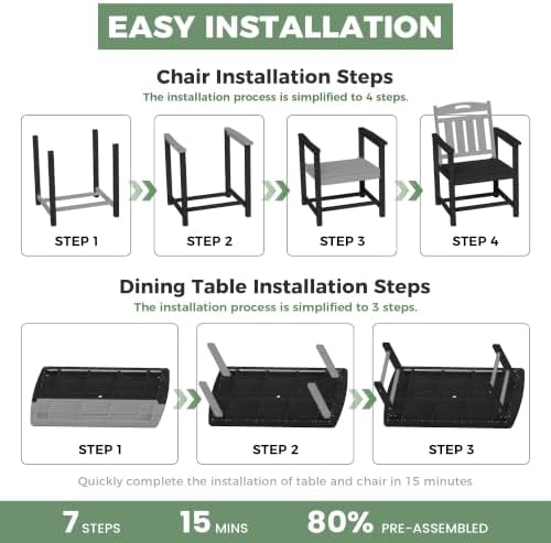 HDPE Outdoor Dining Set, Patio Table and 6 Chairs, 2" Umbrella Hole, Black