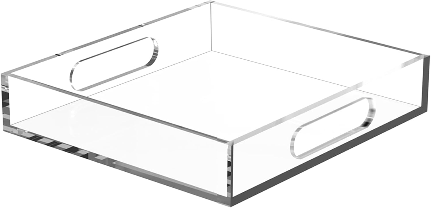 15 * 15 Acrylic Tray for Ottoman, Serving Tray with Handle, Lucite Tray Organizer for Bench, Coffee Table Countertop, Kitchen, Bathroom, Living Room, Powder Room