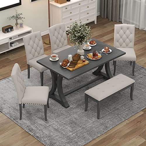 Merax 6-Piece Kitchen Dining Table Set, Farmhouse Dining Table Set with Recta...