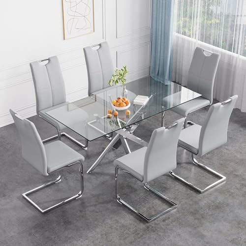 63'' Luxury Dining Table Set for 6, 7 Pieces Modern Rectangular Clear...
