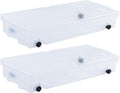 Rubbermaid 70 Quart Under the Bed Low Profile Storage Boxes with Dual Hinged Lids and Easy Rolling Caster Wheels, Clear, 2 Pack