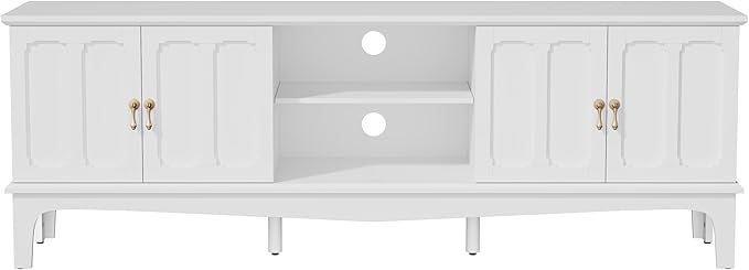 ARTPOWER 67“ Vintage TV Stand for TVs up to 75”, Modern Entertainment Center with Door Cabinets and Open Shelves, Media Console with Storage, White TV Credenza for Living Room, Bedroom