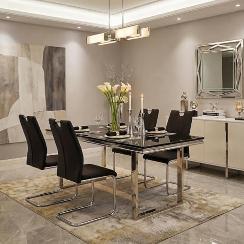 Black Dining Chairs Set of 6, Modern Faux Leather Upholstered Chairs | High B...