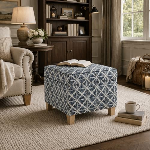 HomePop 18" Classic Square Storage Ottoman - Blue Geometric Pattern