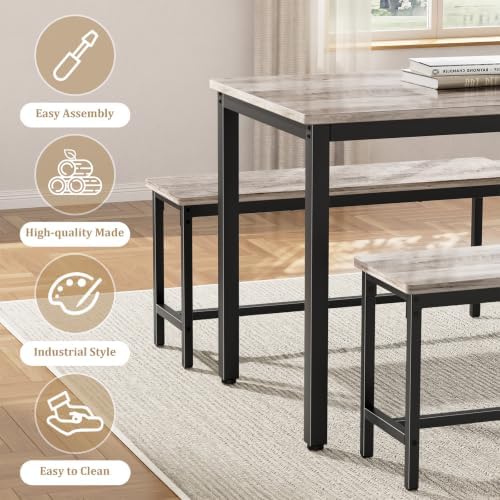 Dining Table Set for 4, 3-Piece Kitchen Table with 2 Benches, Grey