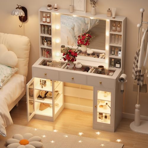 HUANLEGO White Vanity Desk with Mirror and Lights, Glass Top Vanity with Ligh...