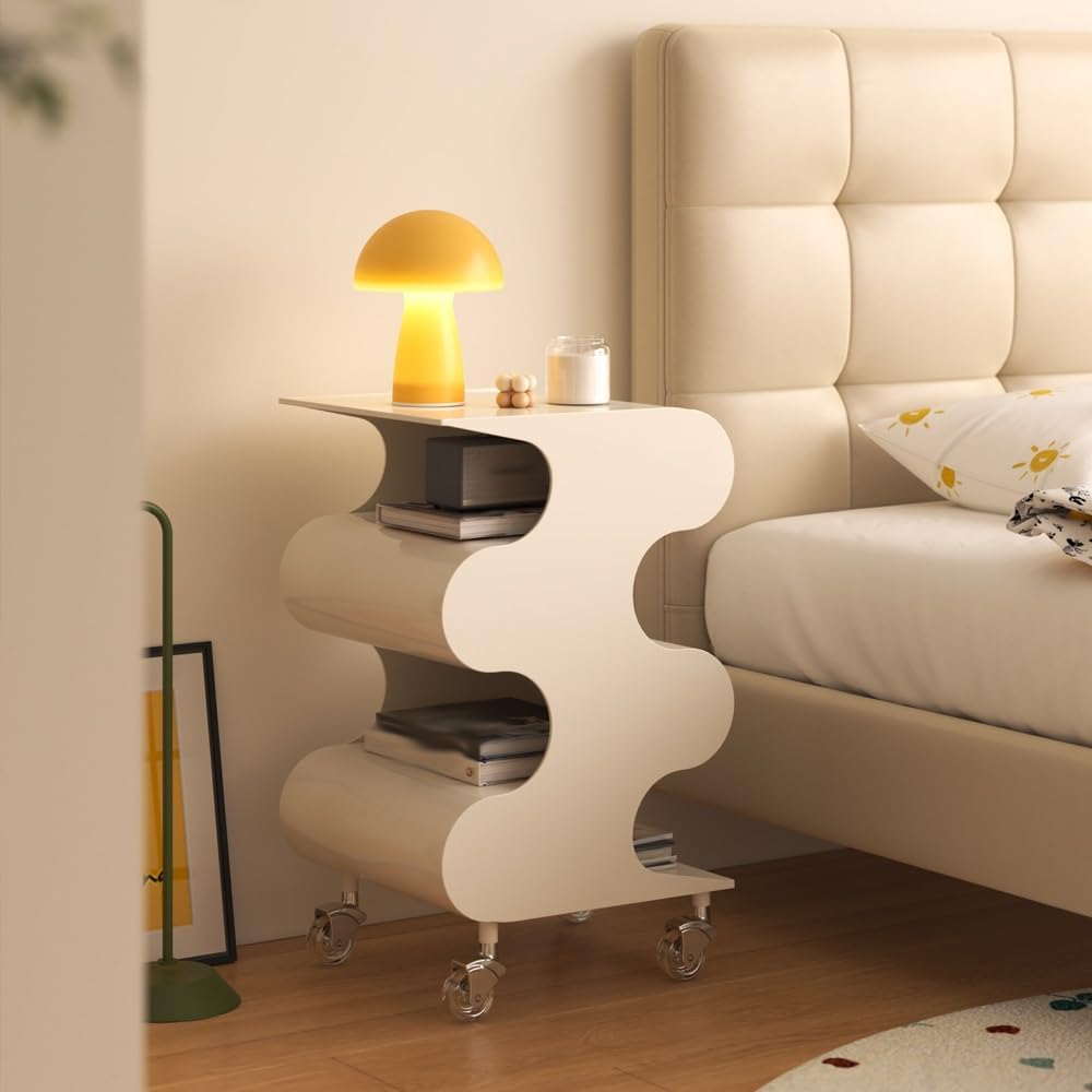 S-Shaped ABS Plastic Side Table, Movable Bedside Table with Wheels, Minimalis...