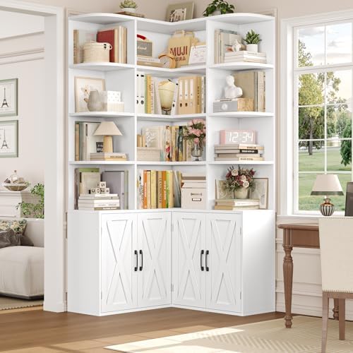 FINETONES 74" Tall Corner Bookshelf, White Bookshelf with Doors