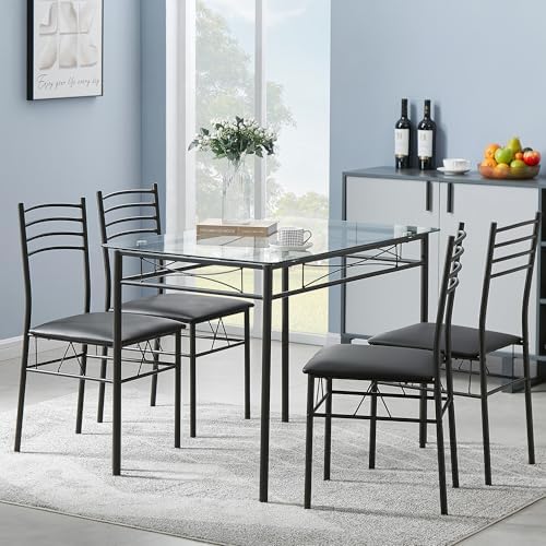 VECELO Dining Table Set for 4, 5-Piece Glass Kitchen Table with Upholstered P...