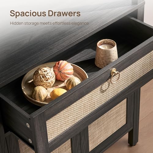 SICOTAS 68.5" Tall Boho Rattan Bookshelf with Drawer and Storage Doors
