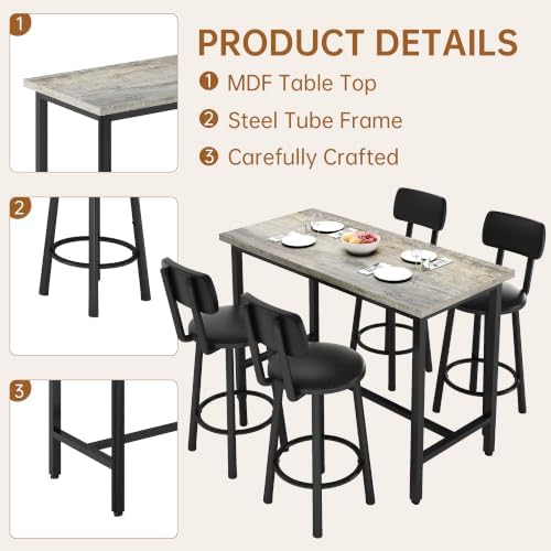 5 Piece Bar Table and Chairs Set for 4, Counter Height Rectangular Pub Dining...