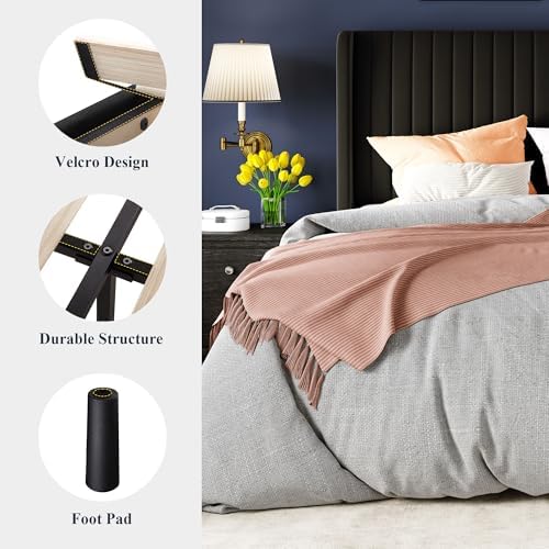 Allewie Full Size Velvet Bed Frame/Vertical Channel Tufted Wingback Headboard...