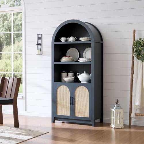 RowyPoey Rattan Arched Cabinet Bookshelf - 69.3” Tall Mid Century Display Cab...