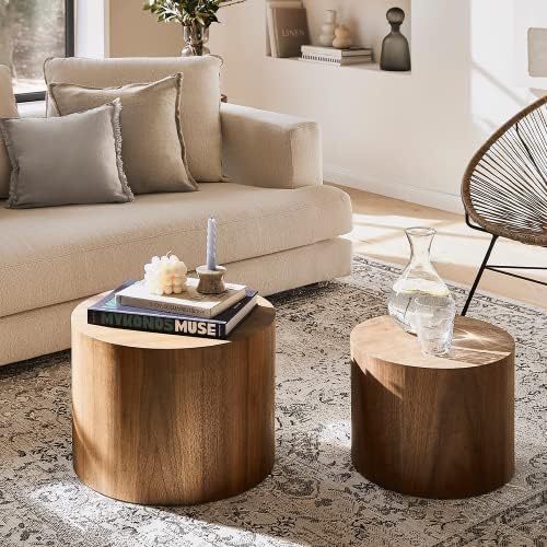 WILLIAMSPACE Nesting Coffee Table Set of 2, Walnut Round Wooden Coffee Tables...