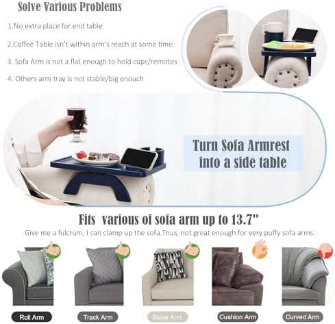 Nnewvante Couch Armrest Tray 3 in 1 Bamboo Clip-on Couch Table, Navy Blue, | ...