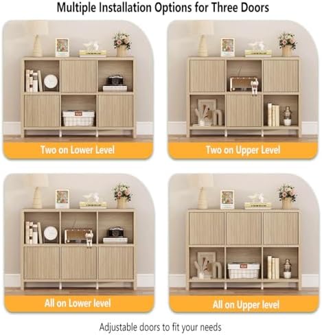 FATORRI 6 Cube Horizontal Bookshelf with 3 Doors, Modern Wood Book Shelf with...
