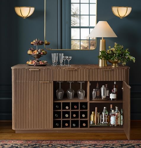 win2win 59" Fluted Sideboard, Wine Bar Cabinet with Faux Marble Top, Walnut