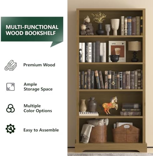TVU 5 Tiers Wooden Bookshelf, 65.2" Tall Farmhouse Style Open Bookcase, ...
