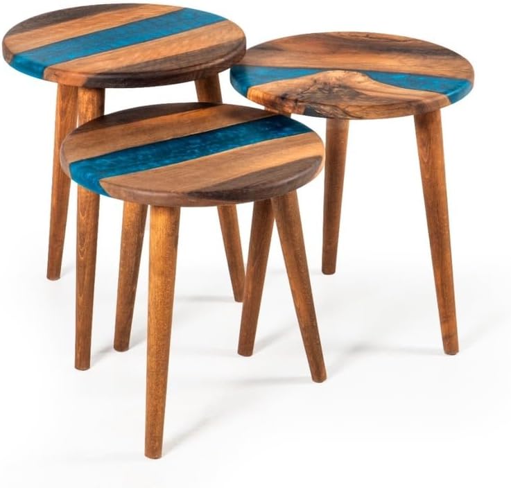 3-Piece Round Nesting Side Table Set 15.7 in | Blue Walnut Wood & Epoxy |...