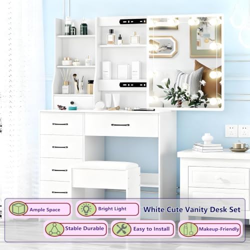 Vanity Desk with Mirror and Lights, 6 Drawers 6 Shelves 1 Stool & Sildeab...