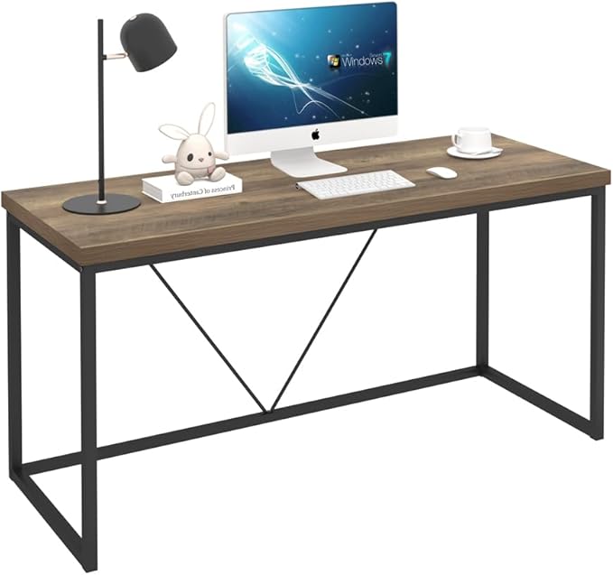 FOLUBAN Industrial Computer Desk, Rustic Wood and Metal Writing Desk, Vintage PC Table for Home Office, Oak 60 inch