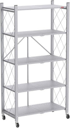 DEANIC 5 Tier Foldable Storage Shelves with Wheels, Large Capacity Shelving Unit, Freestanding Metal Wire Shelf Rack, No Assembly Organizer Rack for Garage Kitchen, Basement, Pantry(Grey)