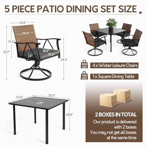 5-Piece Patio Dining Set for 4，Outdoor Dining Set with Wicker Swivel Patio Di...