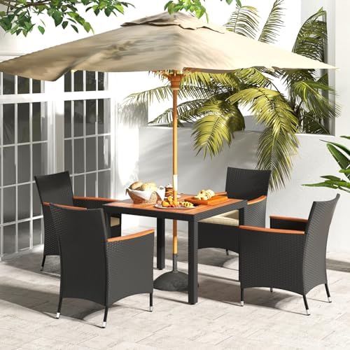Tangkula 5 Pieces Rattan Outdoor Dining Set for 4, Outdoor Acacia Wood Table ...